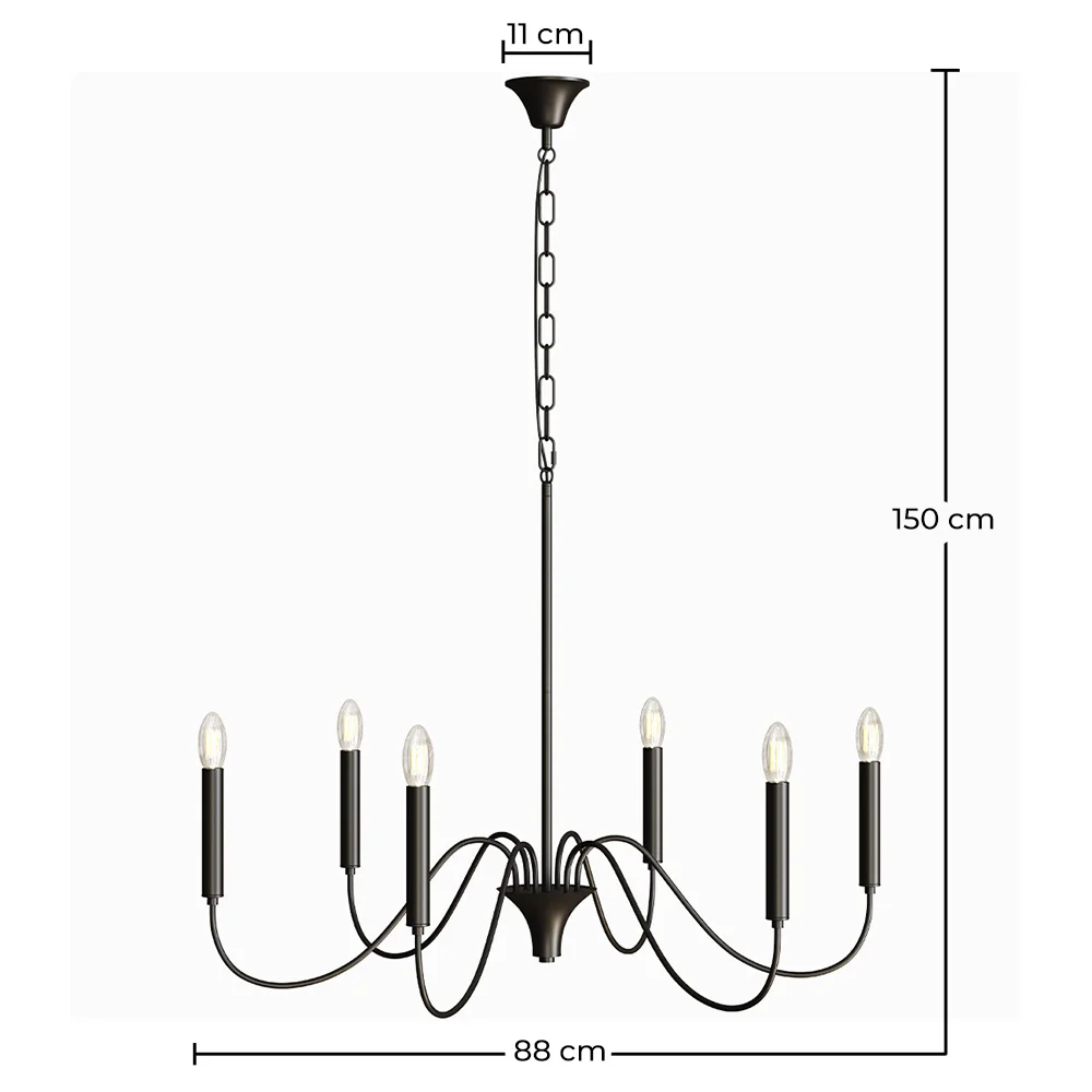 Lampa wisząca metalowa w stylu żyrandola matowa czarna – 6 ramion - Lumella image 10