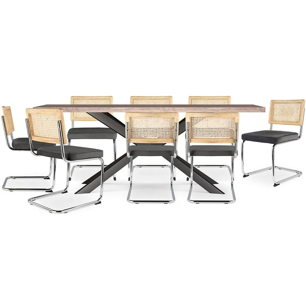 Drewniany stół jadalny w stylu industrialnym (200cm) i 8 krzeseł rattanowych - tapicerowanych aksamitem - Martha image 8