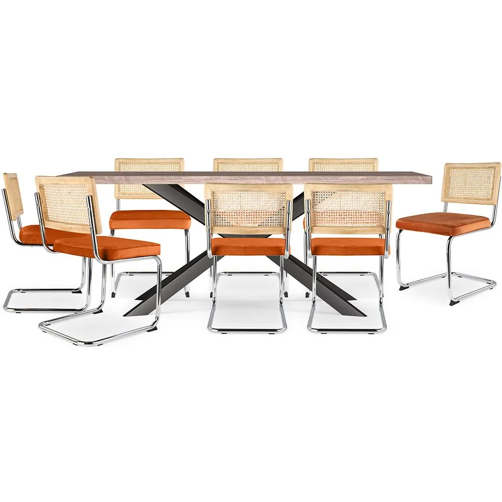 Drewniany stół jadalny w stylu industrialnym (200cm) i 8 krzeseł rattanowych - tapicerowanych aksamitem - Martha image 8